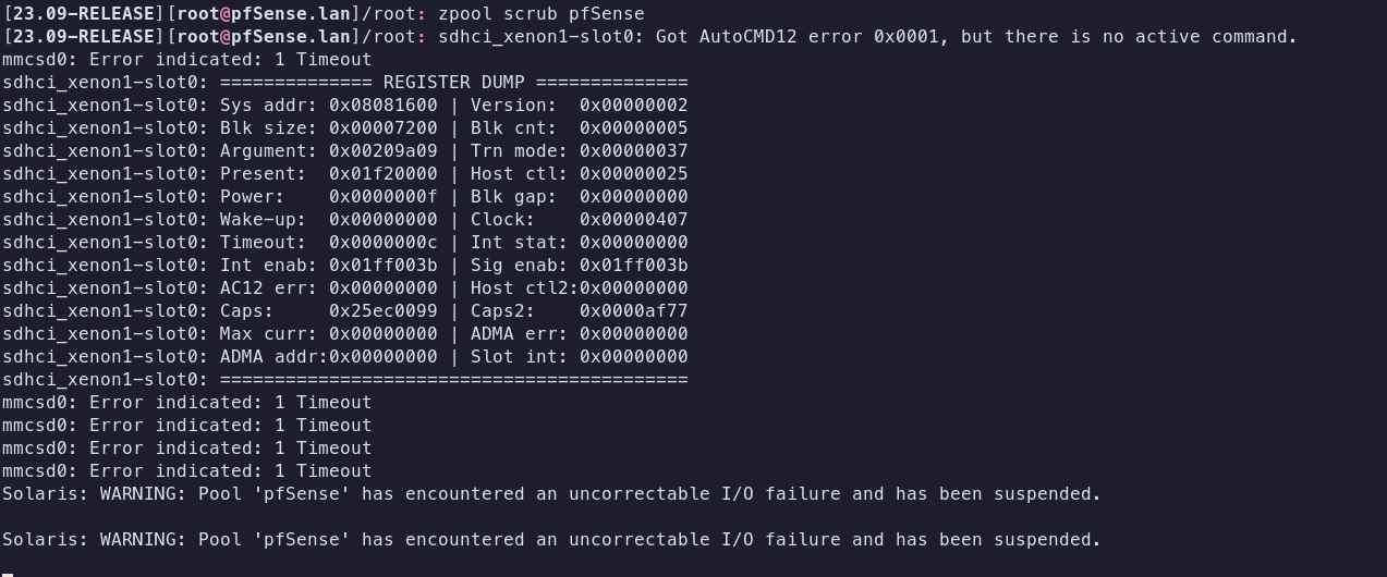 Screenshot of terminal with ZFS error on SG-1100